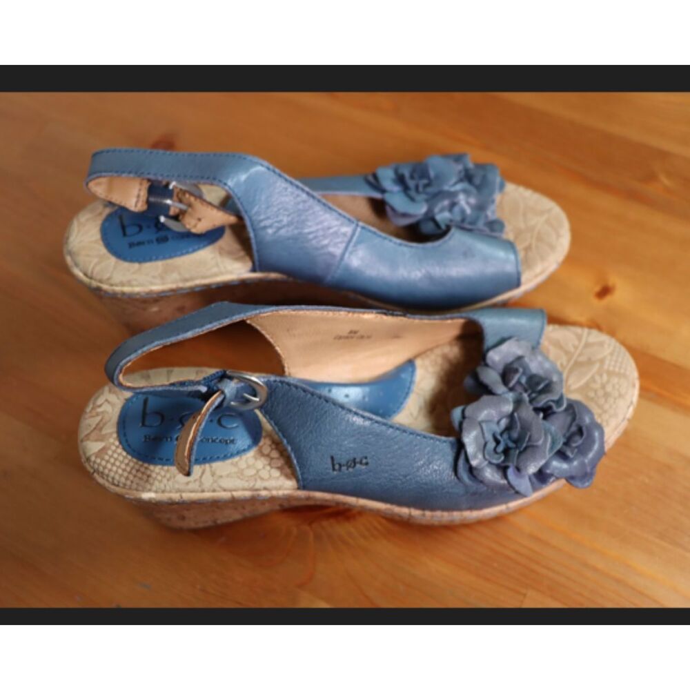 Børn Concept by Born Blue Leather Cork Wedge Floral Sandals Heels Size 8M